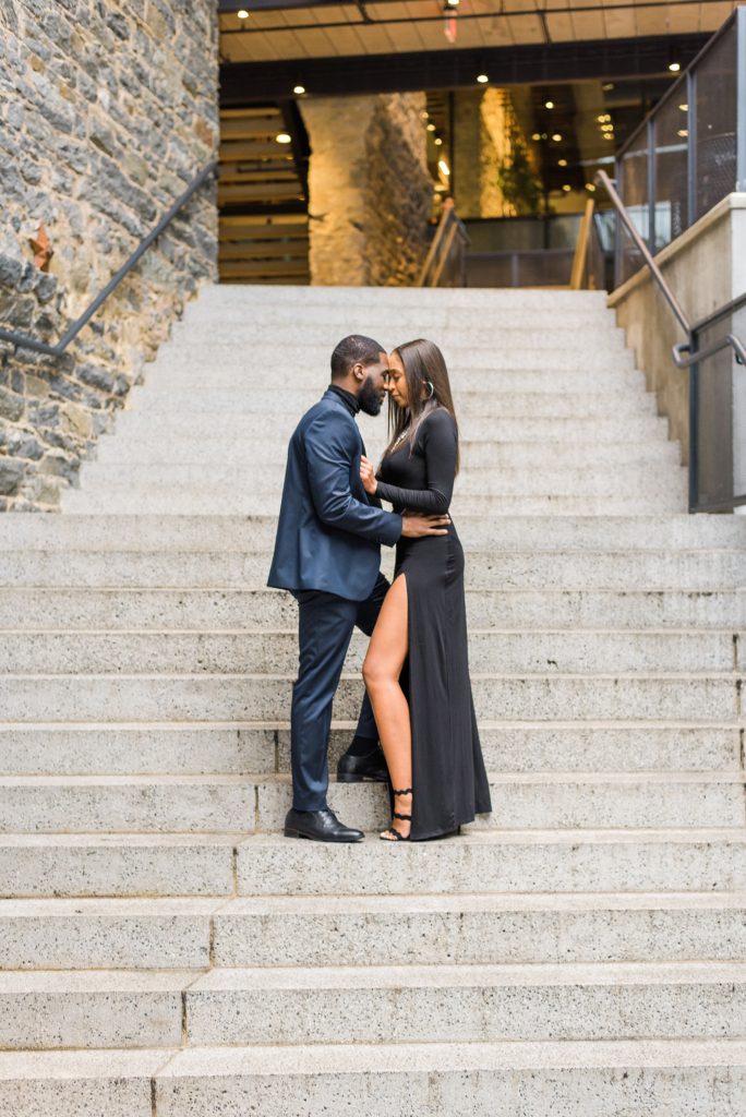 NYC engagement photographer on steps