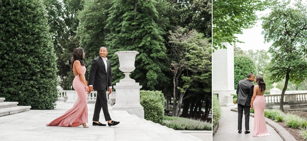 Groom helps bride down stairs first wedding anniversary session in Washington DC