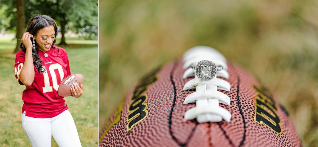 engagement ring on football first year anniversary session with Terri Baskin Photography
